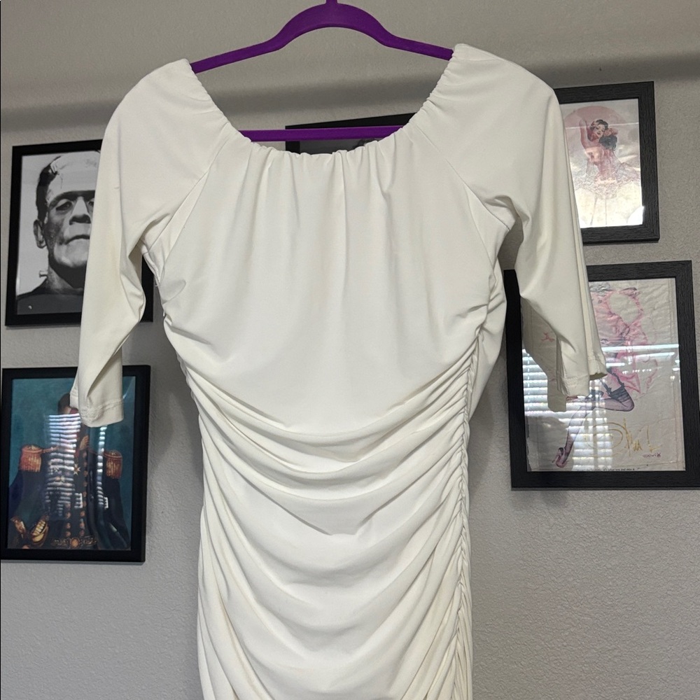 Pinup Couture Cream Ruched V-Neck Midi Dress - Picture 6 of 7